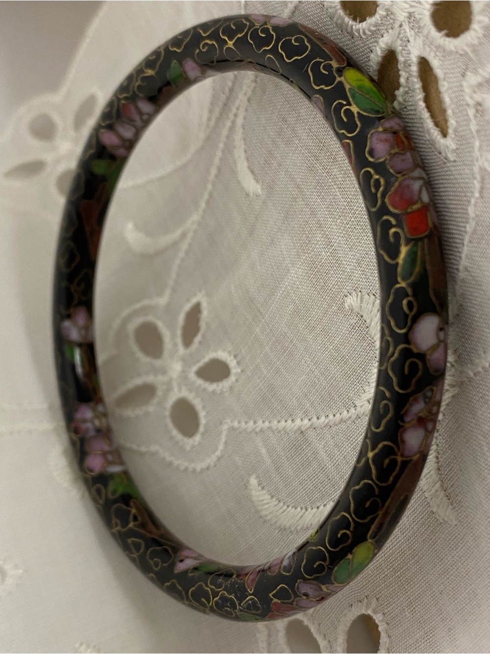 Vintage Chinese Cloisonné Enamel Bangle Bracelet Black Floral